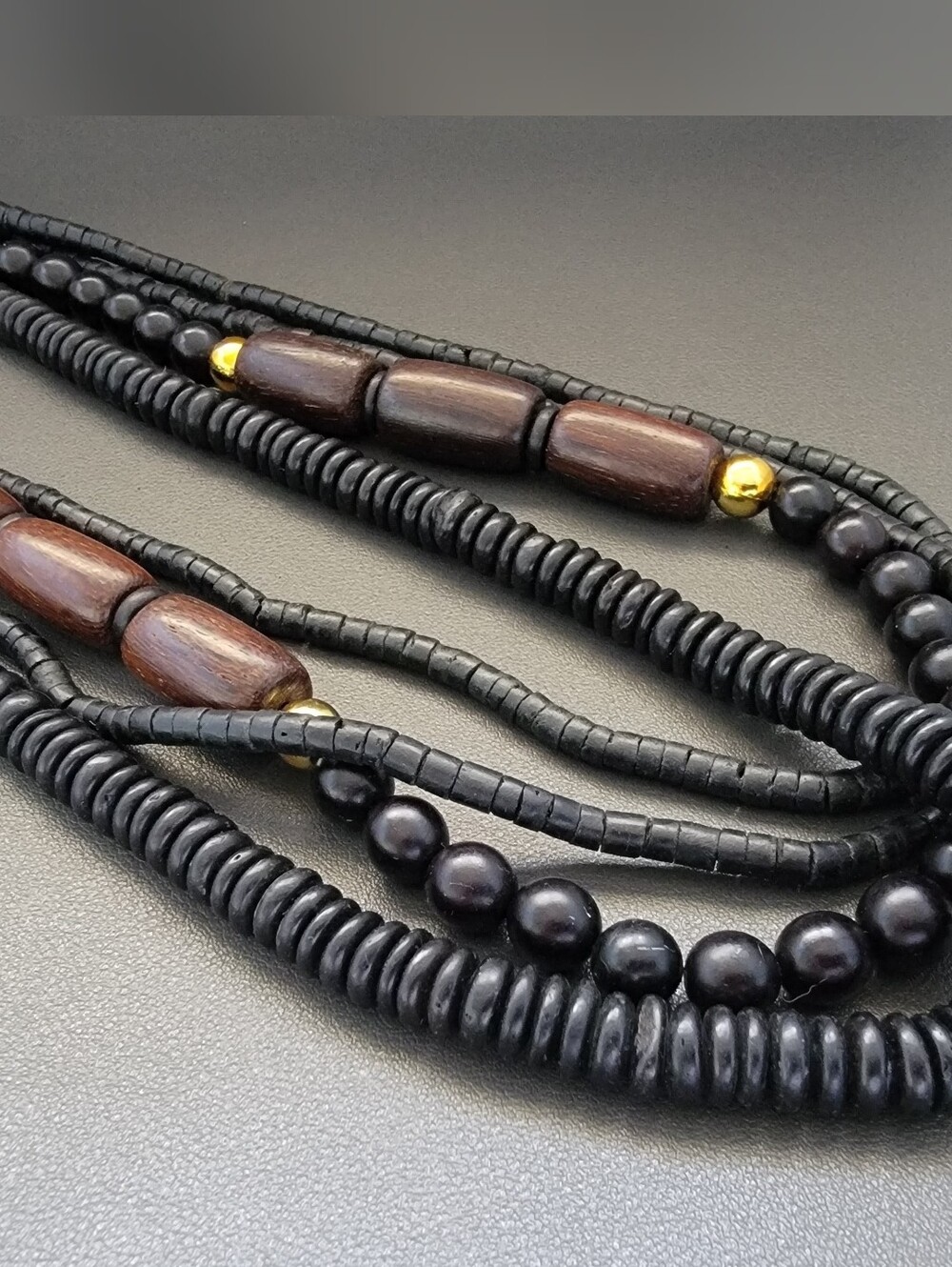 Vintage Multi Strand Black Wood Bead Necklace Ethnic Tribal Boho Coconut Heishi